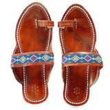 hand embroidered leather sandals in blue