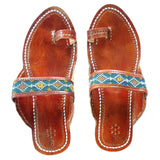 hand embroidered leather sandals in blue