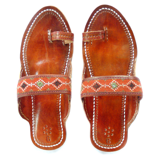 hand embroidered leather sandals in orange